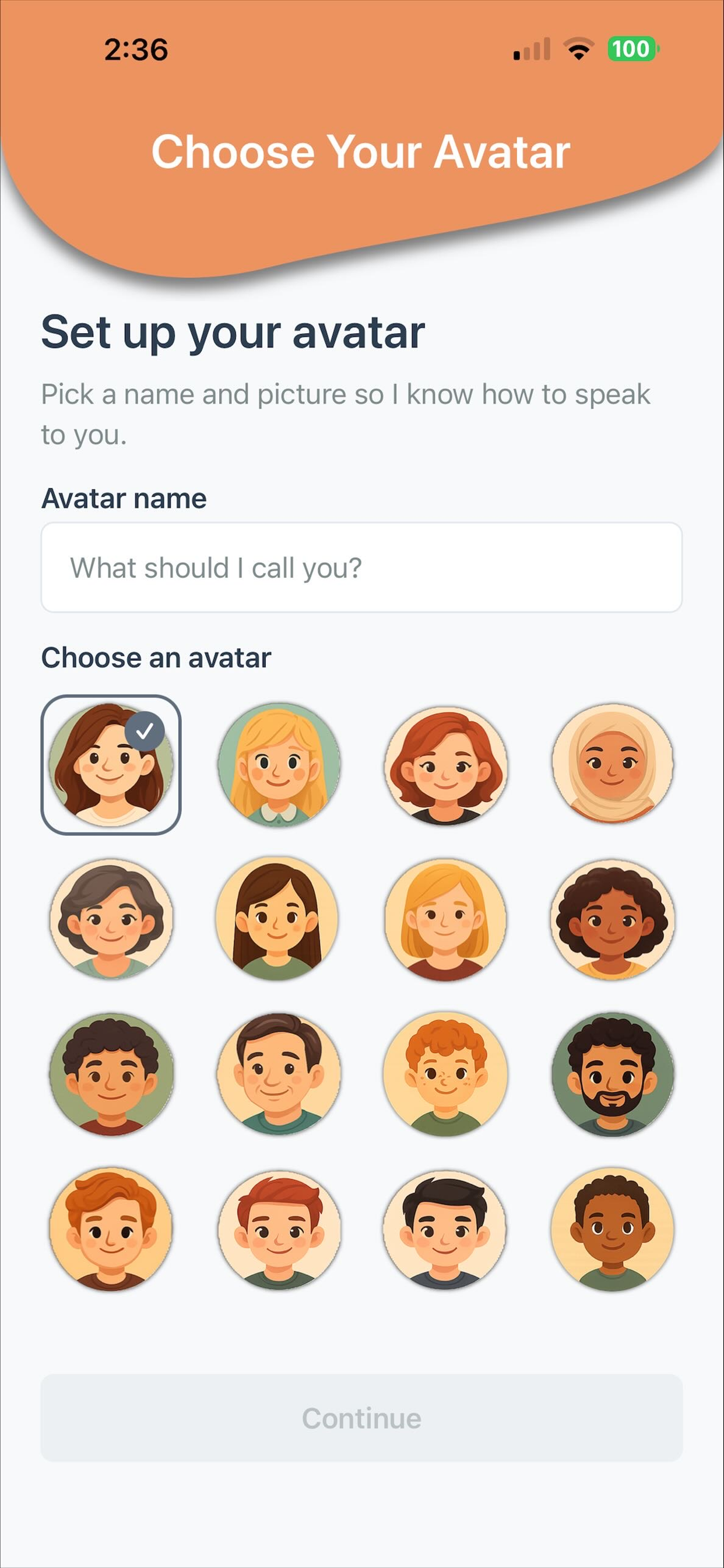 Emotional Chat Coach avatar setup screen